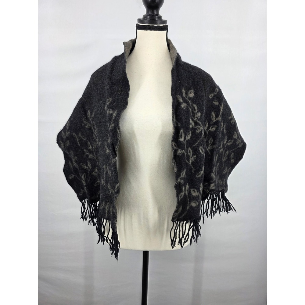 Unbranded 100% Wool Reversible Floral Wrap Shawl Charcoal Gray Fringe RN 75343